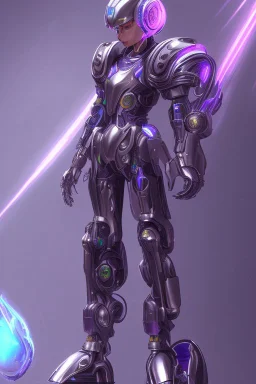 A Genderless Cyborg made of metal, has a human like face with a long violet ponytail, the cybord is wearing armor similar to Megaman Omega. The color palatte of the armour is deep purple and yellow.