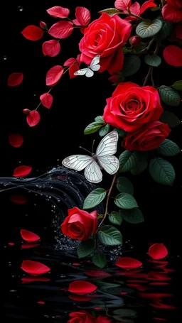 The image is a digital artwork that depicts a branch of tree of Red roses and leaves tangling in to a water in the river with aThe rose floats on the surface of the water, creating a wave-like effect. The background is black, which makes a branch of a tree of red roses stand out even more. Water droplets are scattered adding to the dreamy, ethereal quality of the image.all leaves and background are red. A white butterfly is hovering above