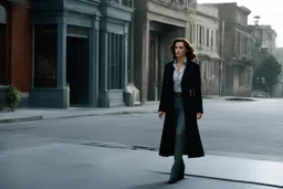 (photo from a movie by Quentin Tarantino) a woman detective investigates a strange case on ghosts killing people because a road perturbated their old HQ... She is standing on the sidewalk