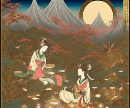 Magical mountain, an elf queen feeds near the deer, ukiyo-e