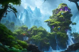 Art by Dylan cole and Eddie mendoza, Avatar concept art, pandora, hovering island with waterfall, landscape, ultra-wide angle, ultra realistic, digital painting, 8 k uhd, volumetric lighting, beautiful, sharp focus, ultra detailed, concept art, studio quality