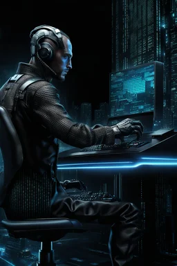 cyberpunk programmer black_Cat_Typing_on_computer_background binary codes, surrounded_by_mindent_3D_binary matrix codes and neutron mesh_etheral, Paranoid_sci-fi_in background_a_tall_cyberpunk_city, the cat-man watchings monitor, Hyperrealistic texture, high detail, Sinister, cold dynamic lighting, dark-neon colors, Ultra_HD_intense_focus