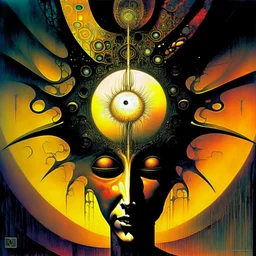 Exponential decay paradigm shift, abstract surrealism, by Dave McKean and Arthur Secunda and H.R. Giger, silkscreened mind-bending illustration; asymmetric, Braille art, warm colors, dark shine, saturated colors, atmosphere guided by N(t)=N0​⋅e−kt