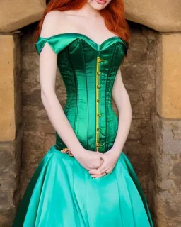 princess with long auburn hair in a big teal green and gold satin ballgown corset off shoulder top in a castle