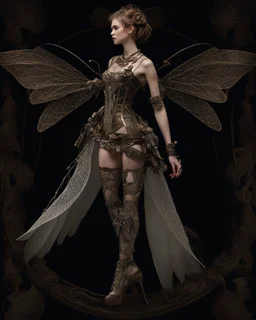 full length, steampunk delicate metal woman, lacewings, black background