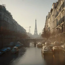 Paris cyberpunk city with bicycles and a monorail, highly detailed,lighting, 8k, hdr, award - winning, octane render, artstation, volumetric lighting, unreal engine 5