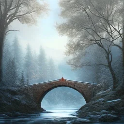 fantasy art, book illustration, wagon on a bridge , old mill wheel ,icy water,seen through the tree tops, icy frame