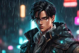 levi in 8k sci-art drawing style, levi custom, neon effect, close picture, rain, apocalypse, intricate details, highly detailed, high details, detailed portrait, masterpiece,ultra detailed, ultra quality