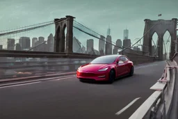 A Tesla 'Model 3' is drifting at top speed, on the 'Brooklyn Bridge' in New York. CINEMATIC. WIDE ANGLE LENS. PHOTO REAL.