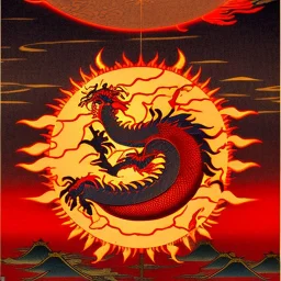 Ukiyo-e painting of a red dragon flying around a sun