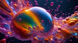 9827. Colourful immiscible liquid globules floating in weightlessness, liquid medium, mixed, distorted, spectacular, strange globular shapes, wild, fantasy, futuristic, artistic, attractive, beautiful lighting, attractive composition, photorealistic, extremely detailed, chiaroscuro
