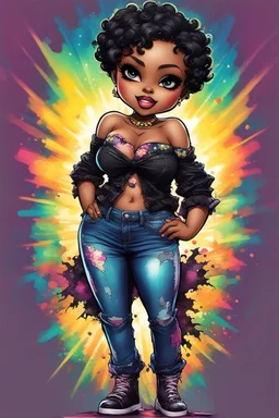 vibrant psychedelic comic book image, airbrush, 48k, cartoon art of a chibi curvy black female wearing torn jeans pants and a black tie dye off the shoulder blouse. Prominent make up with lush lashes. Highly detailed short pixie cut