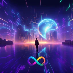 3D infinity symbol ∞, infinity figure-of-eight symbol is totally-symmetrical and brightly coloured, man silhouette facing epic scene of building, glowing earth, water, network and lights, exotic, inspiring, fantasy, neon, friendly, beautiful, octane render, 8k post-production, artstation: award-winning: atmospheric: commanding: fantastical: clarity: 16k: ultra quality: striking: brilliance: liquid medium: stunning colors: amazing depth; lens: f/8, 28mm