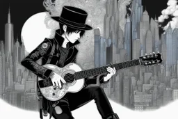 Mixed media picture, the background is black and white line art 3d cyber city In the middle a colorful photo of an attraktive goth asian man playing on the old guitare , wearing goth dark blue clothsirt, shiny black jeans, steampunk black hat and black boots, his hair is deep blue-black-silver colors, enhancing the contrast between her and the black and white cityscape space