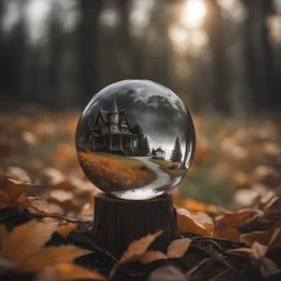 Crystal ball with Halloween landscape inside, shot on Hasselblad h6d-400c, zeiss prime lens, bokeh like f/0.8, tilt-shift lens 8k, high detail, smooth render, down-light, unreal engine, prize winning