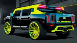 Hummer ultimate Street tuning Mansory Cyberpunk 2077 neon Style Rear View, Super Detailed, desktop wallpaper, 4K
