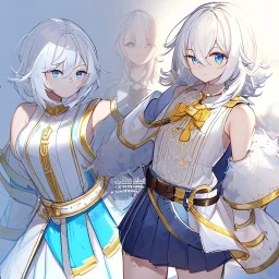 Clear focus, High resolution, rough line sketch art, short fluffy white hair, hair between eyes, fluffy hair, blue eyes, wearing a sleeveless shirt, wearing a a pleated skirt , detailed outfit, lots of details, bow on belt, white belt, white and blue everywhere on outfit, cut sleeve, yellow chains around outfit, concept art