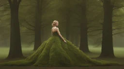 woman in a dress made of leaves, partially grown into a tree in a woodland