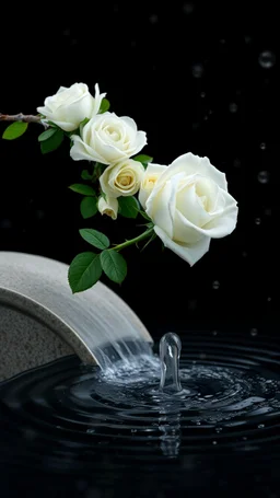 The image is a digital artwork that depicts a bouquet of white rose with aThe rose floats on the surface of the small water fountain creating a wave-like effect. The background is black, which makes a branch of a tree of white roses stand out even more. Water droplets are scattered adding to the dreamy, ethereal quality of the image. The a
