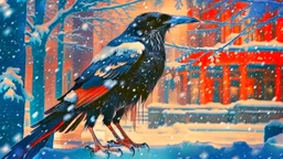 Capture a compelling image of a crow adorned in a punk leather jacket within a snowy Christmas atmosphere. Embrace a minimalist collage style that accentuates the unique fusion of the edgy leather jacket and the holiday charm. Ensure the composition highlights the crow's distinct presence against the backdrop of a winter Christmas ambiance, creating a visually minimalist scene.