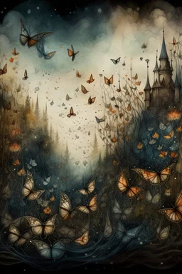 tales of the wind... medieval illustration, in the style of Jan van Eyck botanical multi-level exposition, butterflies flying in the wind, stars, beads whirling in the wind wet watercolor, haze,ink drawing,dark fantasy, double exposure, horror , aesthetically pleasing,beautiful, realistic,close-up, 4k, high resolution, high detail, 1/250s, f/2.8, ISO 100, soft lighting, pink and green velvet