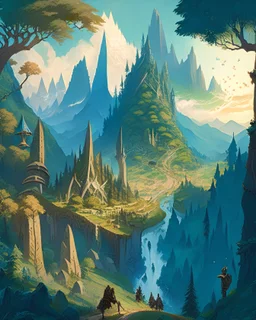 A fantastical, Tolkien-inspired illustration of a sprawling, ancient landscape, featuring towering mountains, lush forests, and a majestic elven city, with a small band of adventurers embarking on an epic quest, evoking a sense of wonder and adventure.