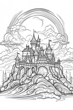 A vampire castle on a hill, surrounded by fog and illuminated by lightning. Outline, sketch style, only use outline, mandala style, clean line art, white background, no shadows, no clear wall, coloring page.