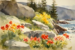 Sunny day, spring, flowers, rocks, mountains, epic, winslow homer watercolor paintings