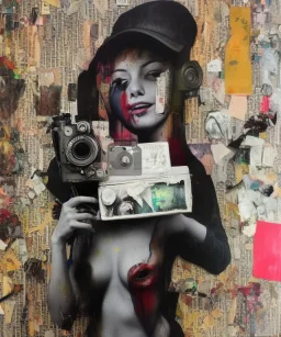 happy beautiful girl holding big proffesional camera in studio. street art, oil on canvas, spray paint, collage, letters, newspapeers, Dave McKean, Vladimir Fedotko, Saturno Butto, Vaughn Bodé, Frank Wu, James C. Christensen, collage, dirty, paint dripping, radiant