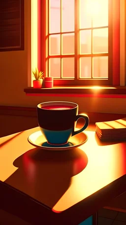 a very hot cup of coffee on kitchen table in warm and cozy kitchen, illustration, digital painting, minimal