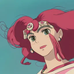 Beautiful, Fire witch, round face, pale skin, wild curly pink hair, red eyes, pink and red eyeshadow, pink glossy lips, wearing a pink witch, wearing a red crystal necklace. Sailor moon style