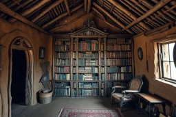 elaborate library on a wall in a in a mud hut, striking, juxtapositional, fantastical