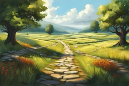 Illustration {crossroads, path away from viewer, countryside}, realism, realistic, semi-realistic, fantasy,