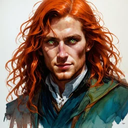 dnd, fantasy, watercolour, stylistic, portrait, illustration, dull colours, male, face, narrow long face, weathered face, green eyes, determined, happy, red hair, very long hair streaming down the shoulders, radiating light, five o'clock shadow, softer facial features, dignified