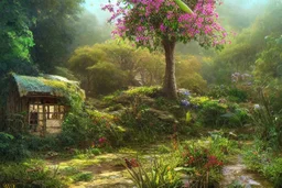 beautiful big flower tropical tree, little straw house dirty old abandoned, stream, bushes, grass and vine, small cliff, dwarf rocks, bright contrast, realistic painting, concept art, tropical forest background, hyperdetailed painting, by konstantin razumov