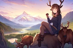 Girl, mountain, sit , deer hoof foot, brown hair