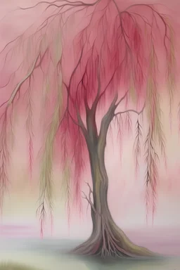 Watercolor of weeping willow in the middle of the image, pastel colours, soft pink, lots of negative space