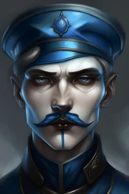 fantasy drawing. porcelain man with blue painted accents. blue long pointed hair. and in a dark, almost black, blue army uniform. somber expression. blue eyes. thin mustache. red lips. boyish face, round face.