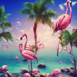 1980's aesthetic vaporwave palm trees with flamingos