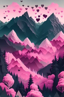 góry i lasy z rózowymi sercami