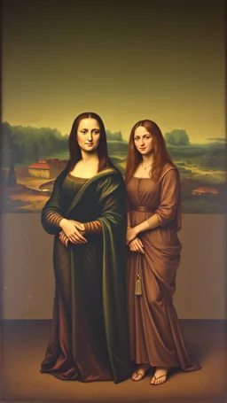 Mona Lisa and Leonardo da Vinci standing side by side in a painting