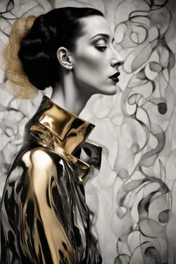 Create a conceptual photograph of a female figure, SALVADOR DALI STYLE MIXED WITH GUSTAV KLIMT STYLE AND TAMARA DE LEMPICKA STYLE, 3/4 SIDE VIEW, SILVER, GOLD, BLACK COLORS in a contemporary setting, incorporating provocative, thought-provoking elements. The image should demonstrate the confidence, strength and vulnerability of the subject. Consider using symbolic objects, abstract shapes, or artistic expressions that convey a strong message. The style and lighting should be modern, avant-garde