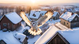 angel's view shows the camera barn owl's back flying over a winter small village, snowy landscape, little light, sunrise, some small Hungarian old country houses from above, perspective, high detailed, sharp focuses, photorealistic, cinematic