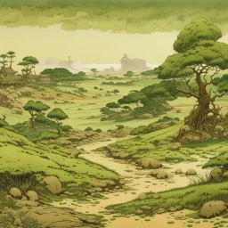 An olive green wasteland near an abandoned plague town painted by Katsushika Hokusai