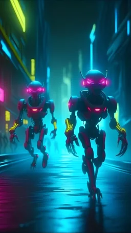 scary robots running towards the camera, desperation, crazy, cyberpunk city, neon lights digital art, 4k