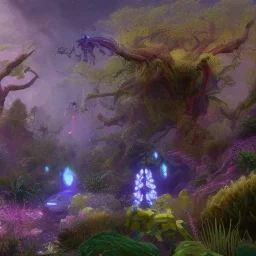 bioluminescent herbivore alien animals on a scifi landscape, bioluminsescent plants, bioluminescent flovers, 8k resolution, dynamic lighting, ultra hyperdetailed, Unreal cascades, ultra colourful, very small details, realistic.