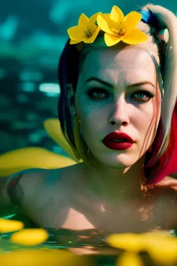 Liv Tyler Harley Quinn underwater with yellow flowers for hair, closed eyes, rtx, reflection, 8k, glow, winning photography, caustics