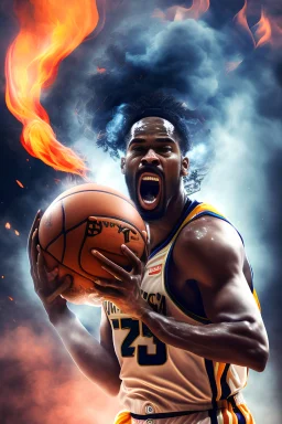 8k, highly realistic and detailed image of a NBA basketball player in action dunking the ball in the net, sweaty hair, screaming look,action and smoke and flames background