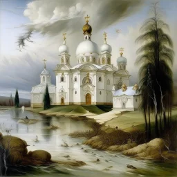 A white monastery in a tornado painted by Peter Carl Faberge