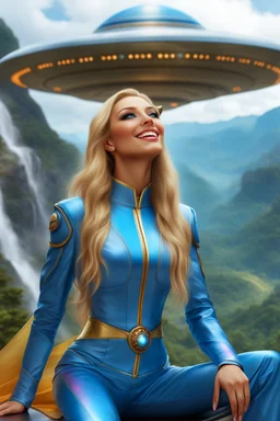 cosmic woman smile,beautiful,ufos rainbow, admiral from the future, galactic confédération, fine whole face, crystalline skin, expressive blue eyes,rainbow, smiling lips, very nice smile, costume pleiadian, Beautiful tall woman pleiadian Galactic commander, ship, perfect datailed golden galactic suit, high rank, long blond hair, hand whit five perfect detailed finger, amazing big blue eyes, smilling mouth, high drfinition lips, cosmic happiness, bright colors, blue, pink, gold, jewels, realist,